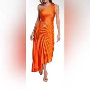 A.LC. Delfina One Shoulder Pleated Cut Out Asymmetrical Hem Midi Dress 2